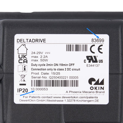 Label on a black electronic device with technical specifications and branding.