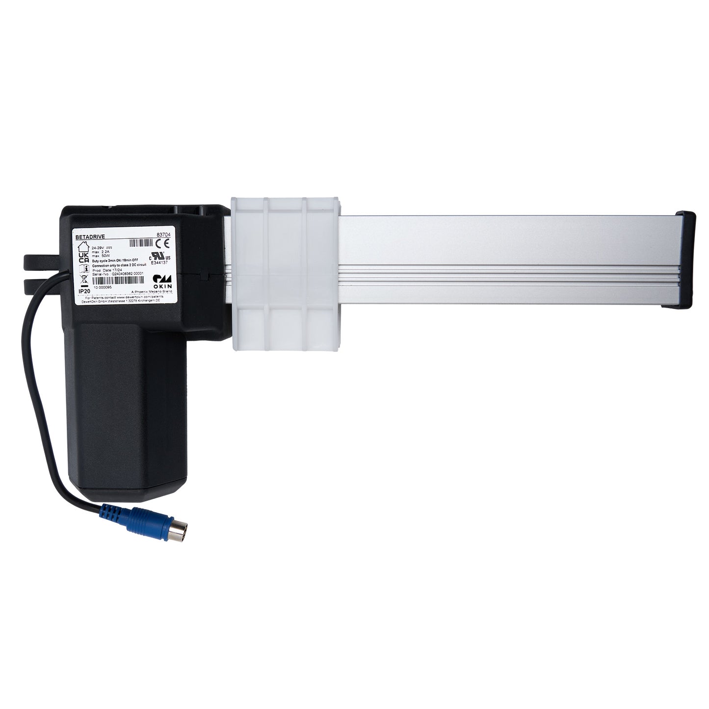 OKIN BETADRIVE 83704 linear actuator for recliner or lift chair, featuring a single 6 pin male plug, predominantly black in color with a metallic actuation arm.