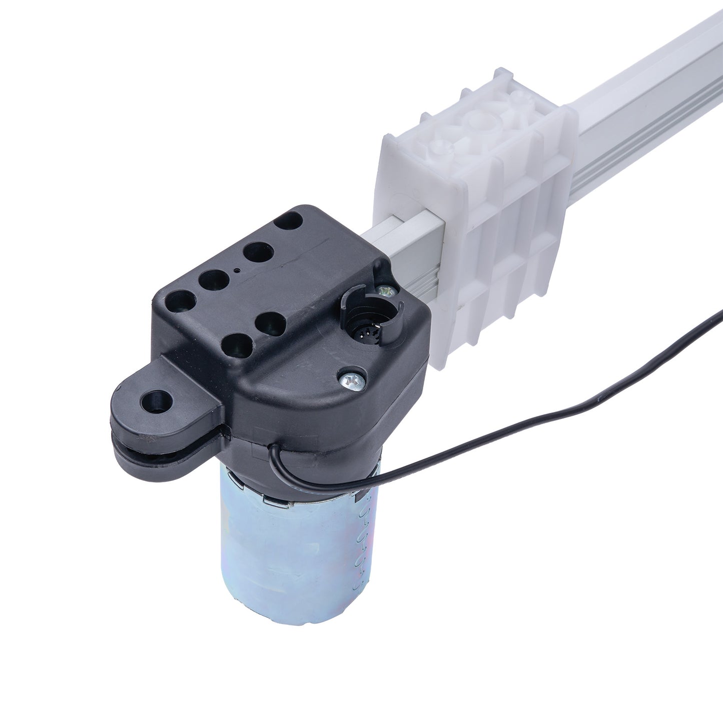 Mechanical component with a black housing and white cable on a white background