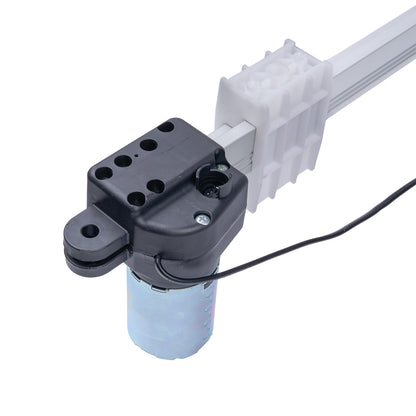 Mechanical component with a black housing and white cable on a white background