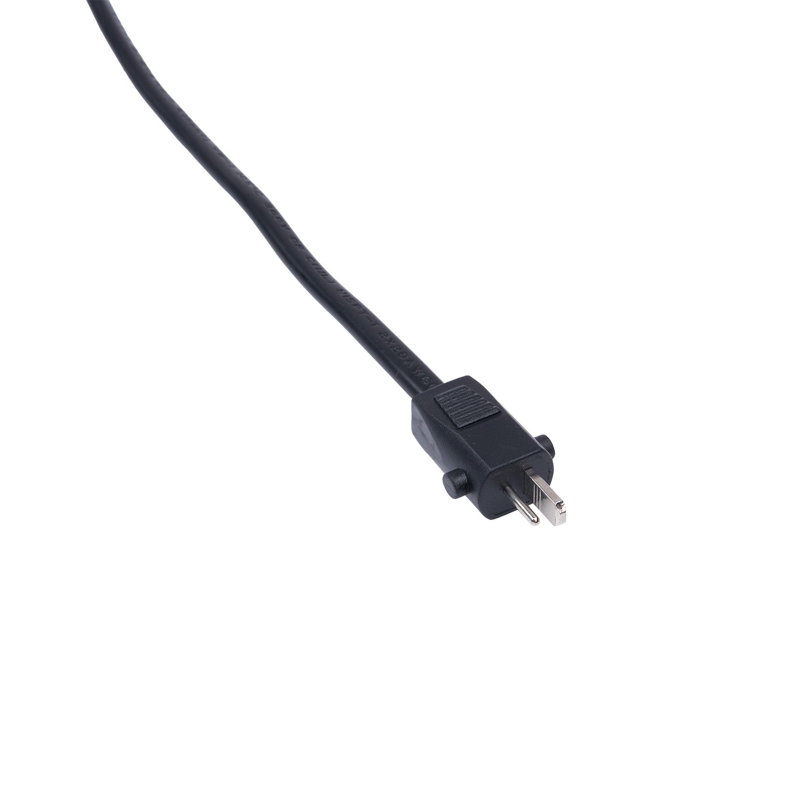 Black power cord with plug on a white background