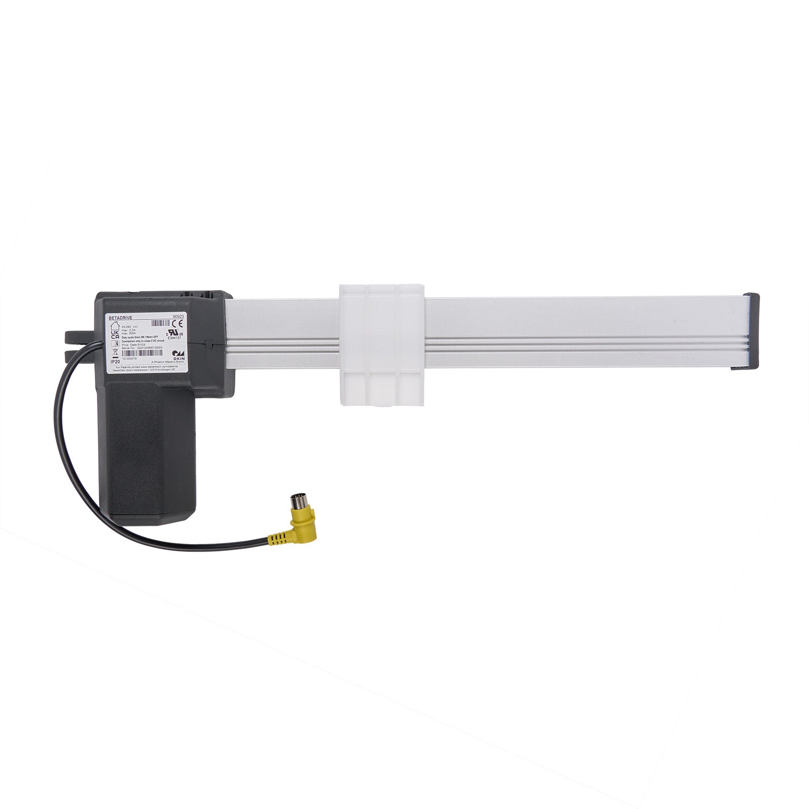 OKIN BETADRIVE 90923 Linear Actuator for Recliner/Lift Chair, showing a silver actuator body, black motor housing, and attached electrical cable with a plug.