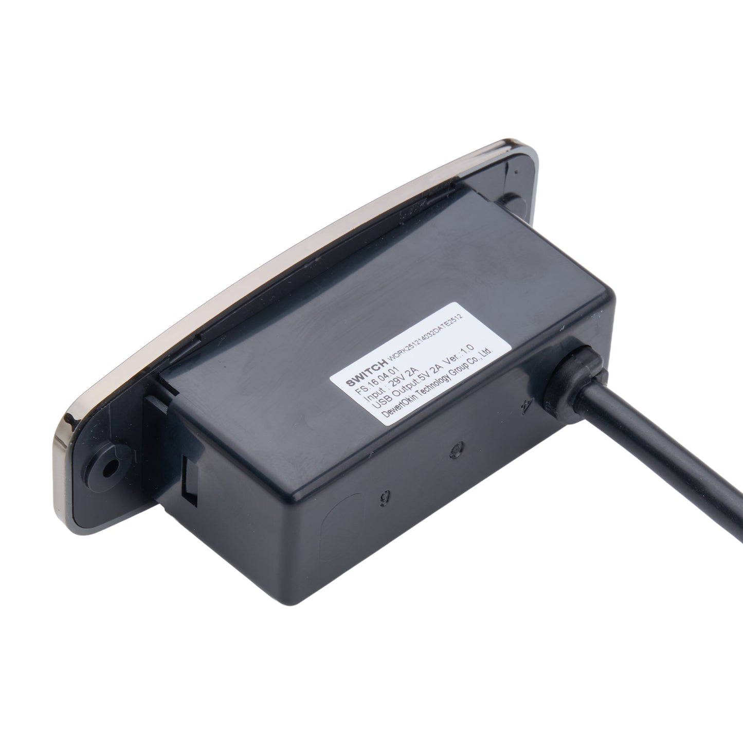 Black electronic device with a label on a white background