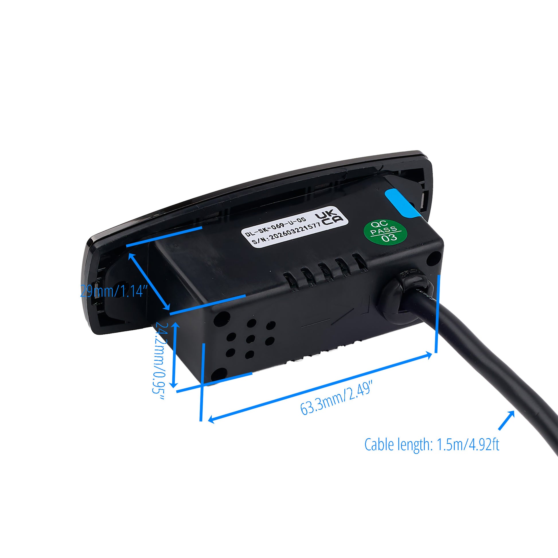 Black electronic device with measurements and cable length indicated on a white background