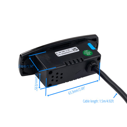 Black electronic device with measurements and cable length indicated on a white background