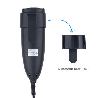 Black hair dryer with detachable back hook on a white background