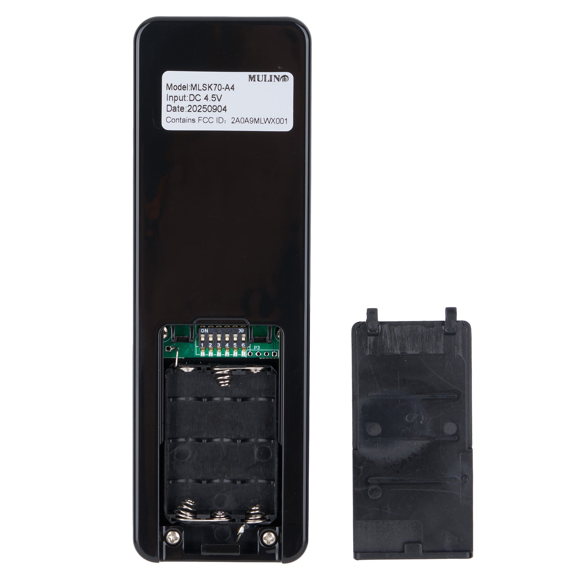 Black electronic device with a label on a white background