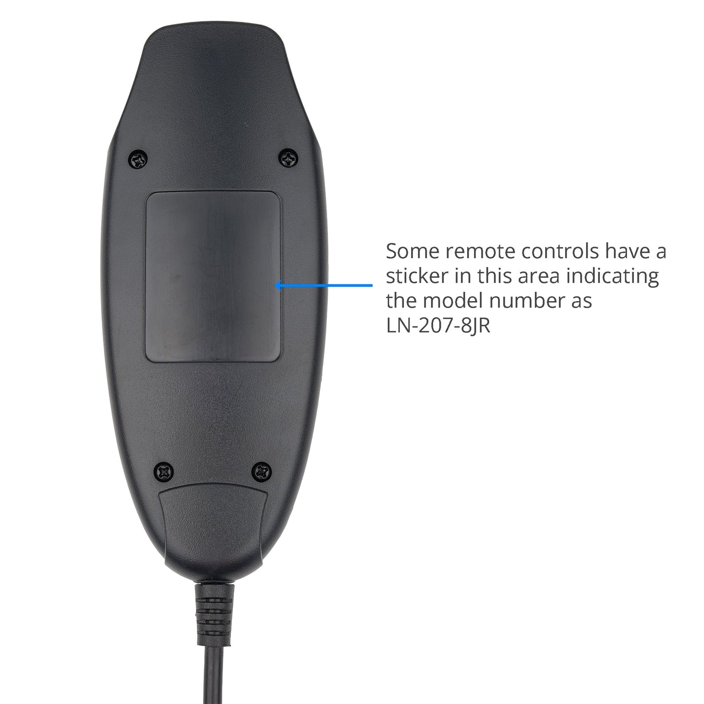 Black remote control with text indicating model number on a white background