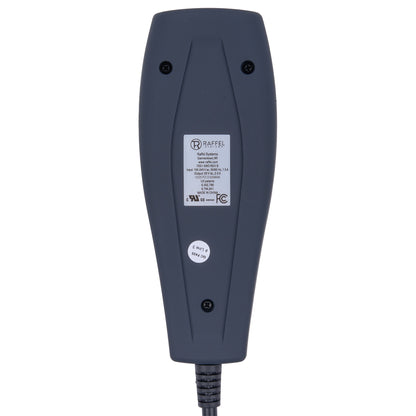 The back of a dark gray NexGen electronic device, showing a white product specification label, a small circular sticker, and screw holes, with a black power cord extending from the bottom.