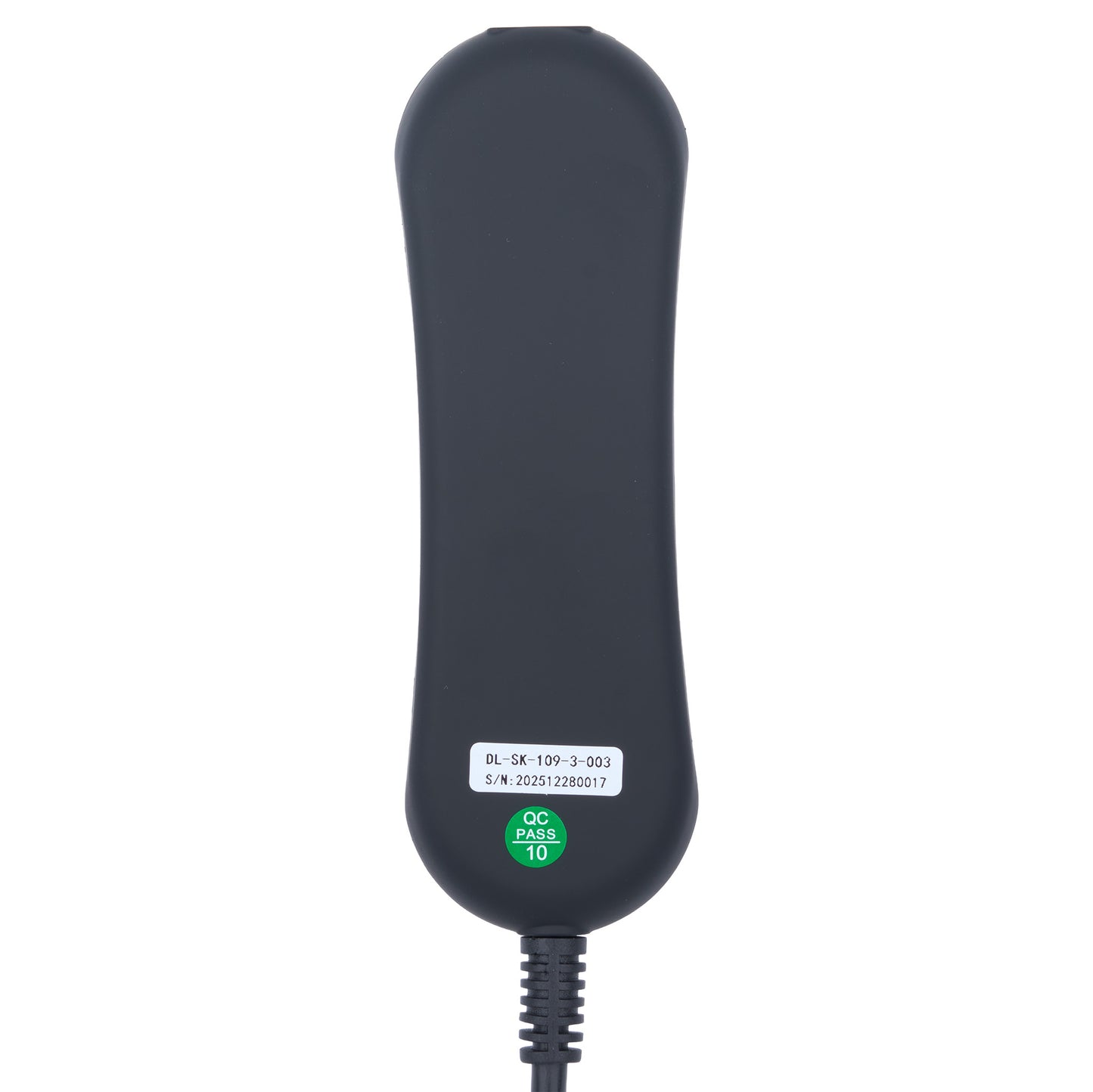 Black electronic device with a label on a white background