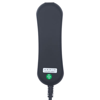 Black electronic device with a label on a white background