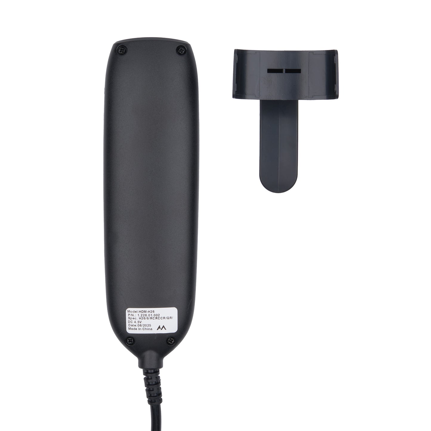 Black electronic device with a clip on a white background