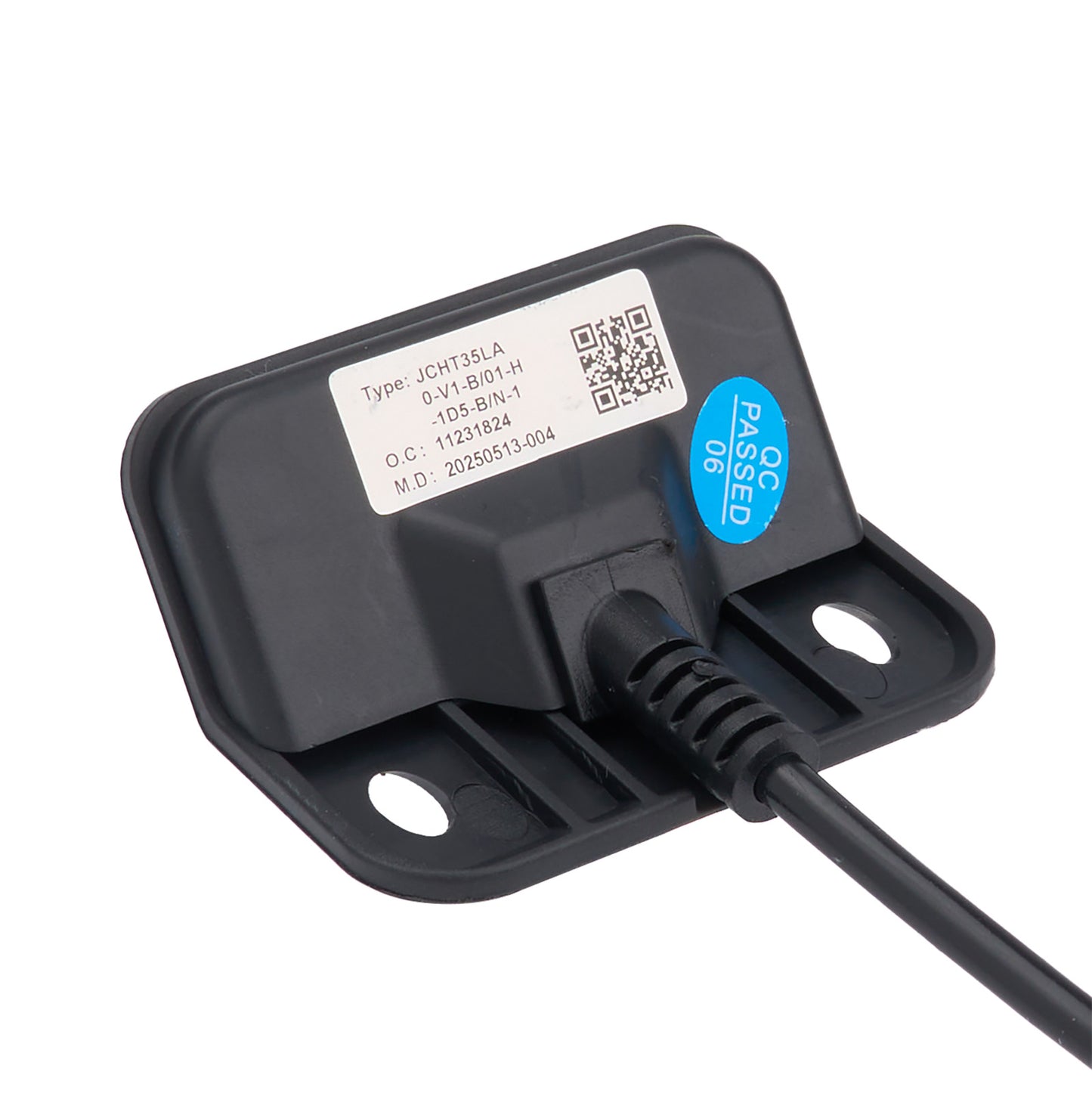 Black electrical plug with certification label on a white background