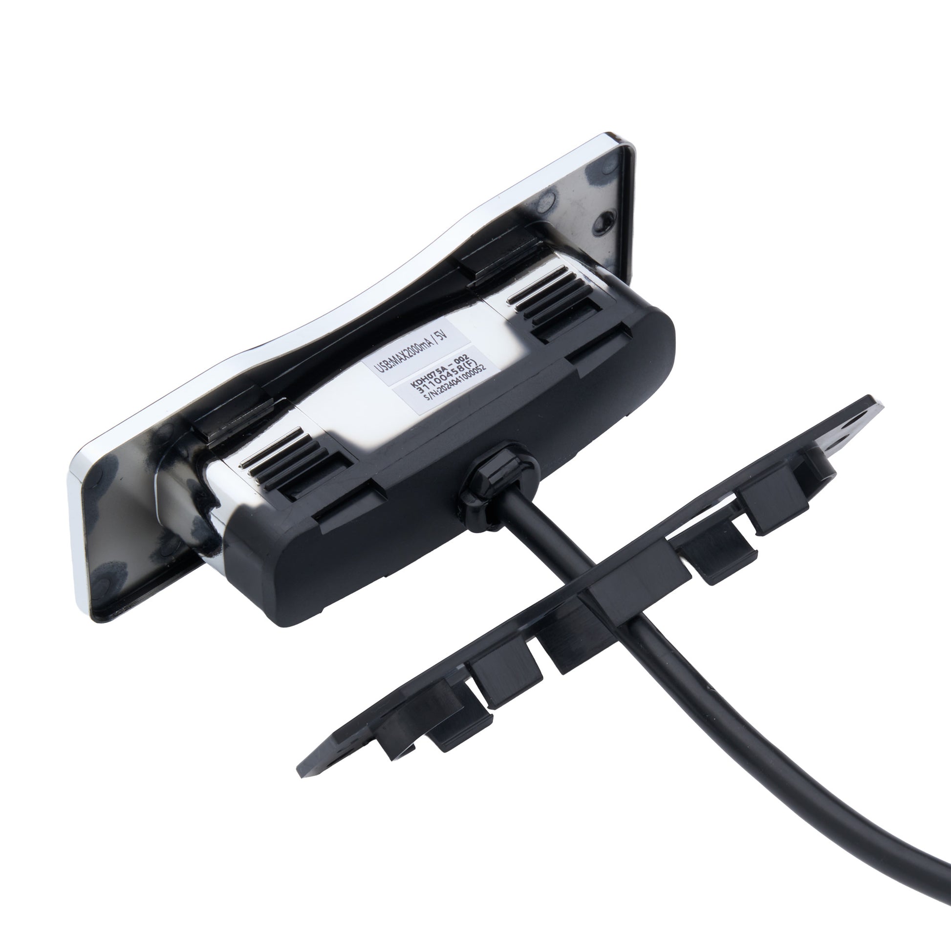 Car antenna mount with black cable on a white background