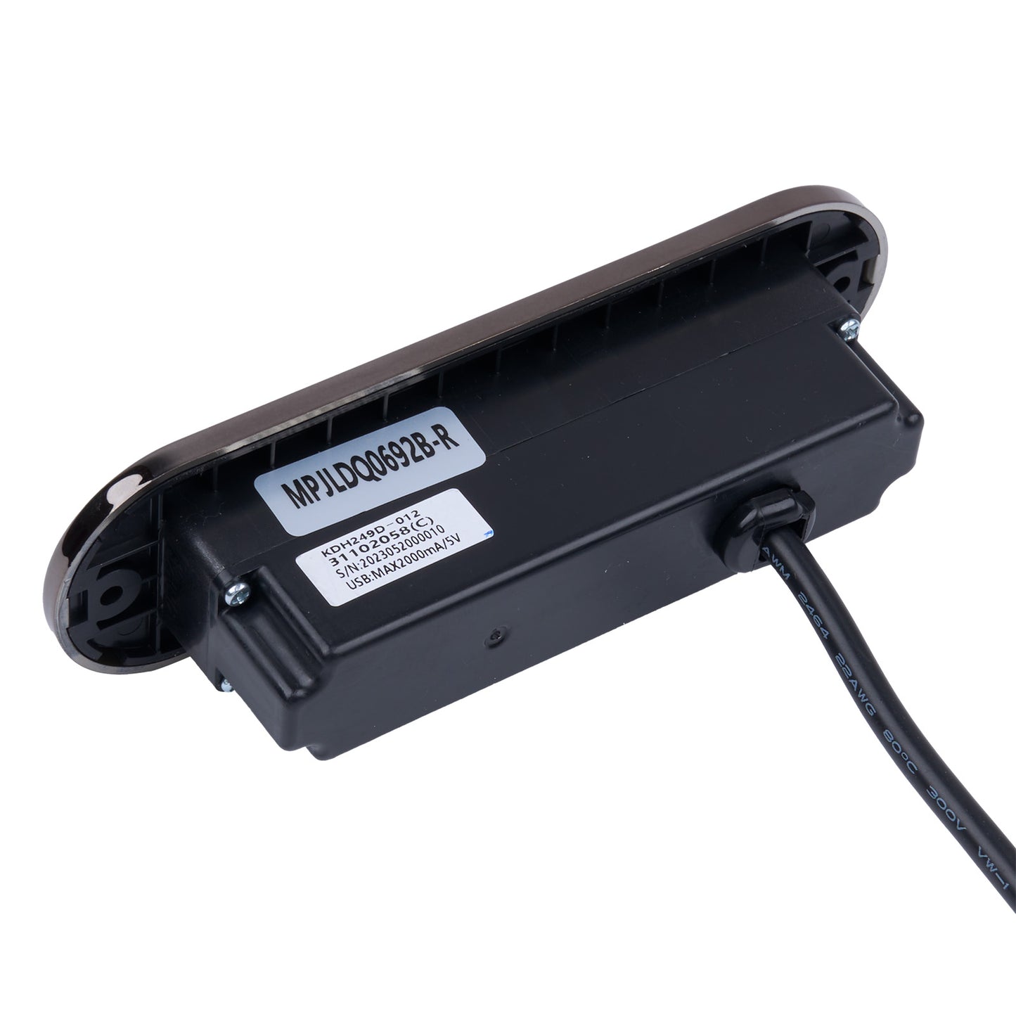 Black electronic component with a label on a white background