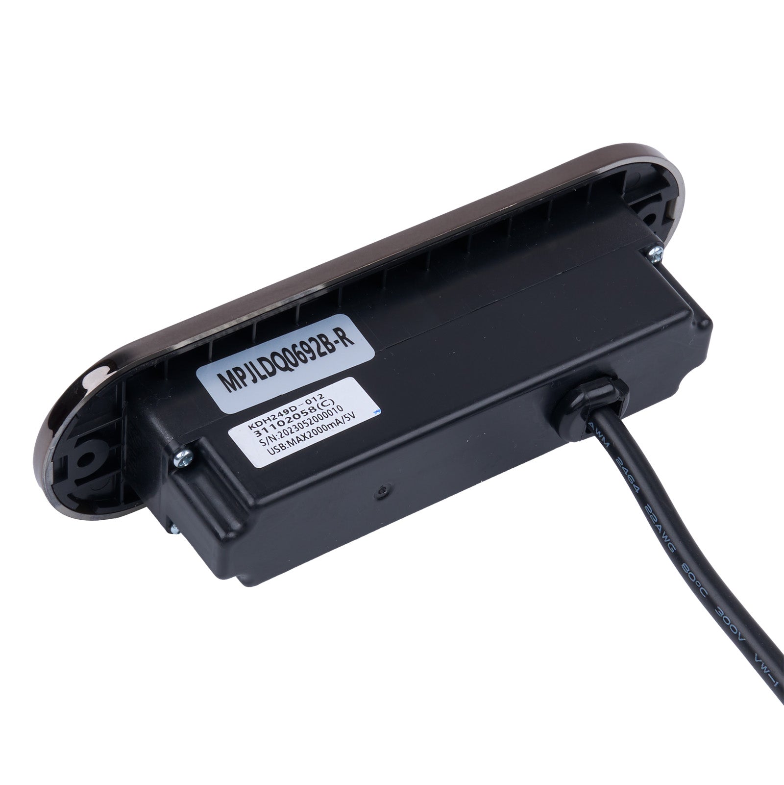 Black electronic component with a label on a white background