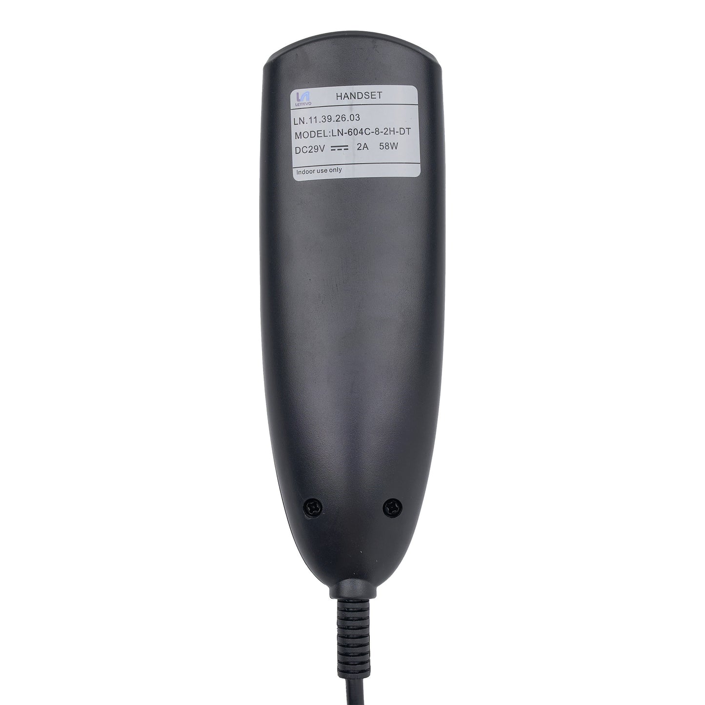 A black industrial handset controller with a white label showing technical specifications, photographed against a solid white background.