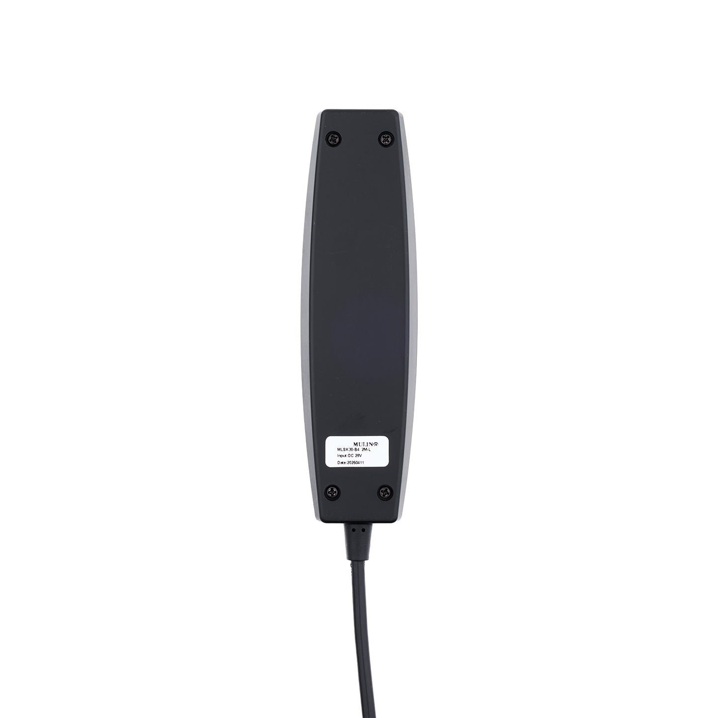 A black industrial electrical component or sensor module with a white label and a black cable extending downward, shown against a plain white background.