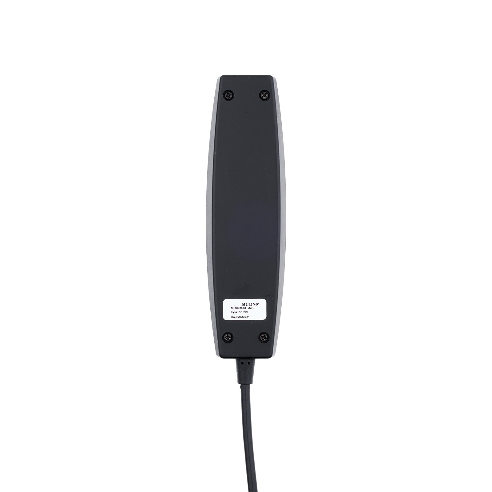 A black industrial electrical component or sensor module with a white label and a black cable extending downward, shown against a plain white background.