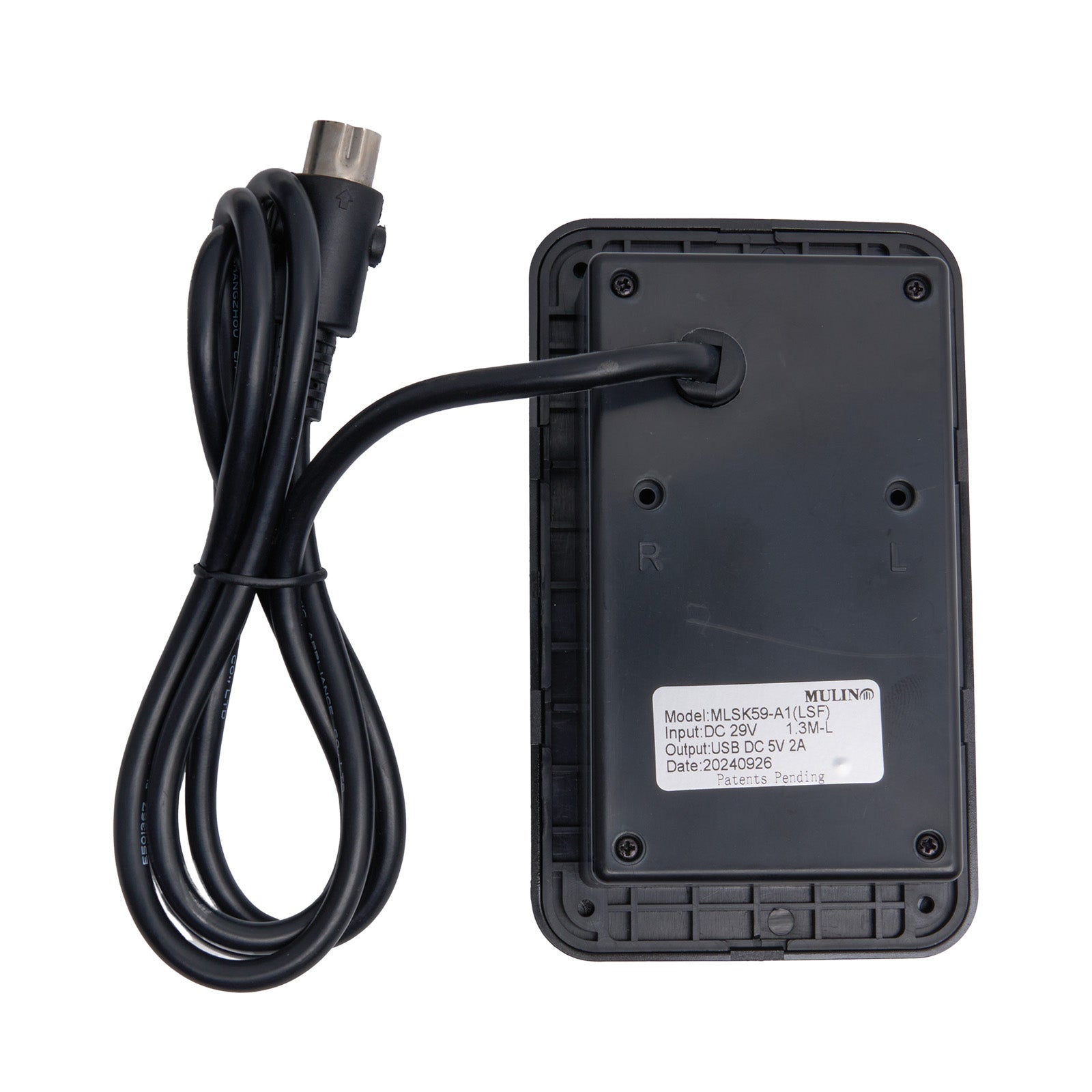 Black electronic device with cable on a white background