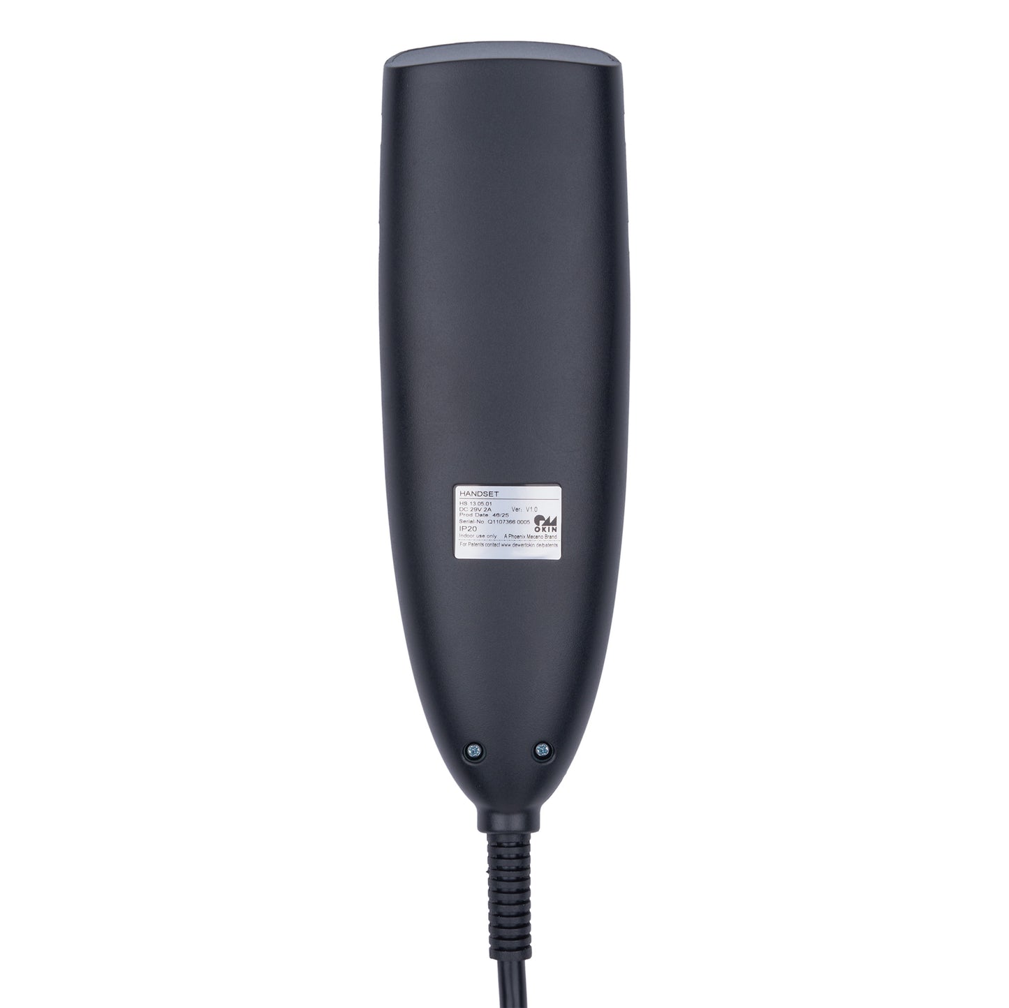 A dark gray handheld electronic device with a power cord, shown against a plain white background.