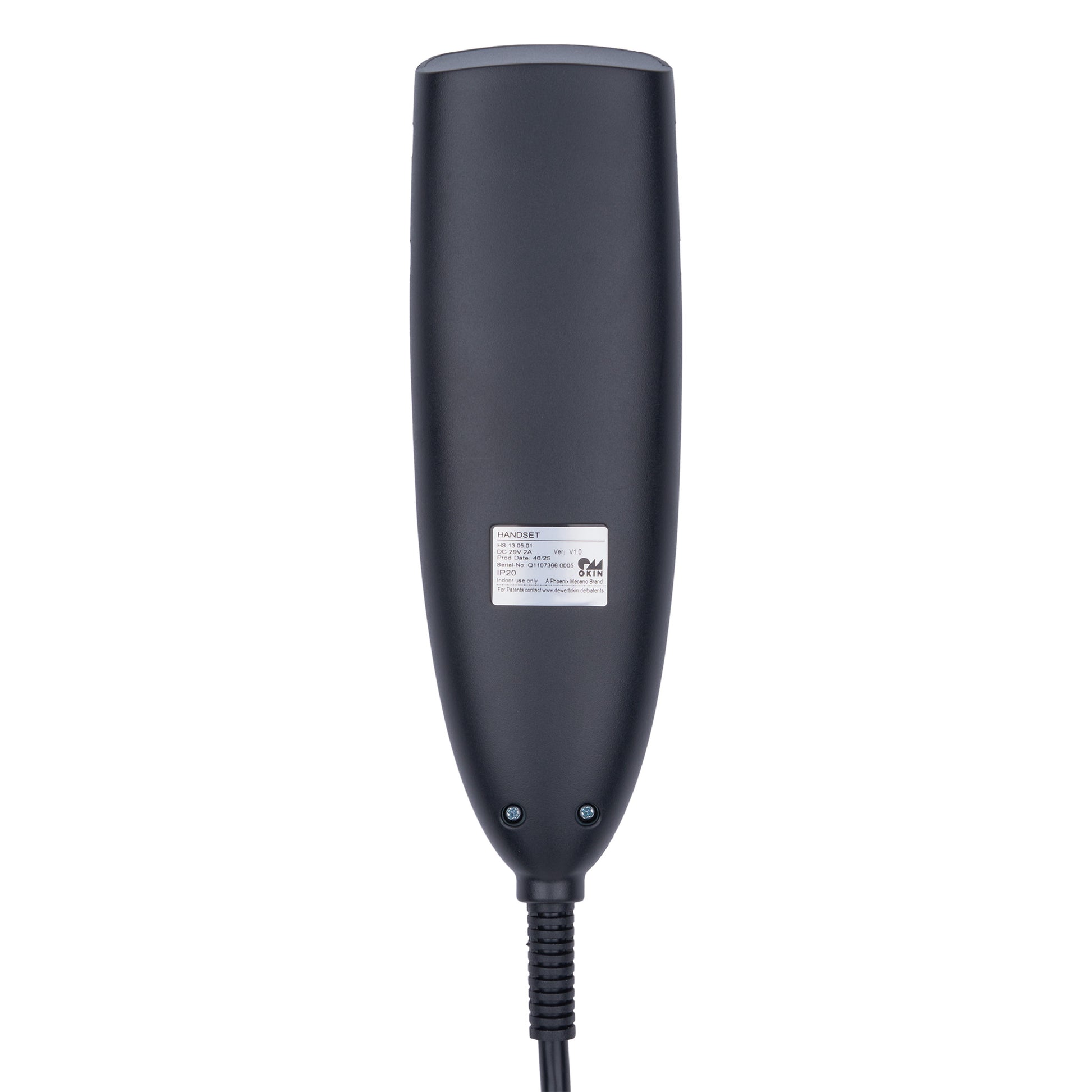 A dark gray handheld electronic device with a power cord, shown against a plain white background.