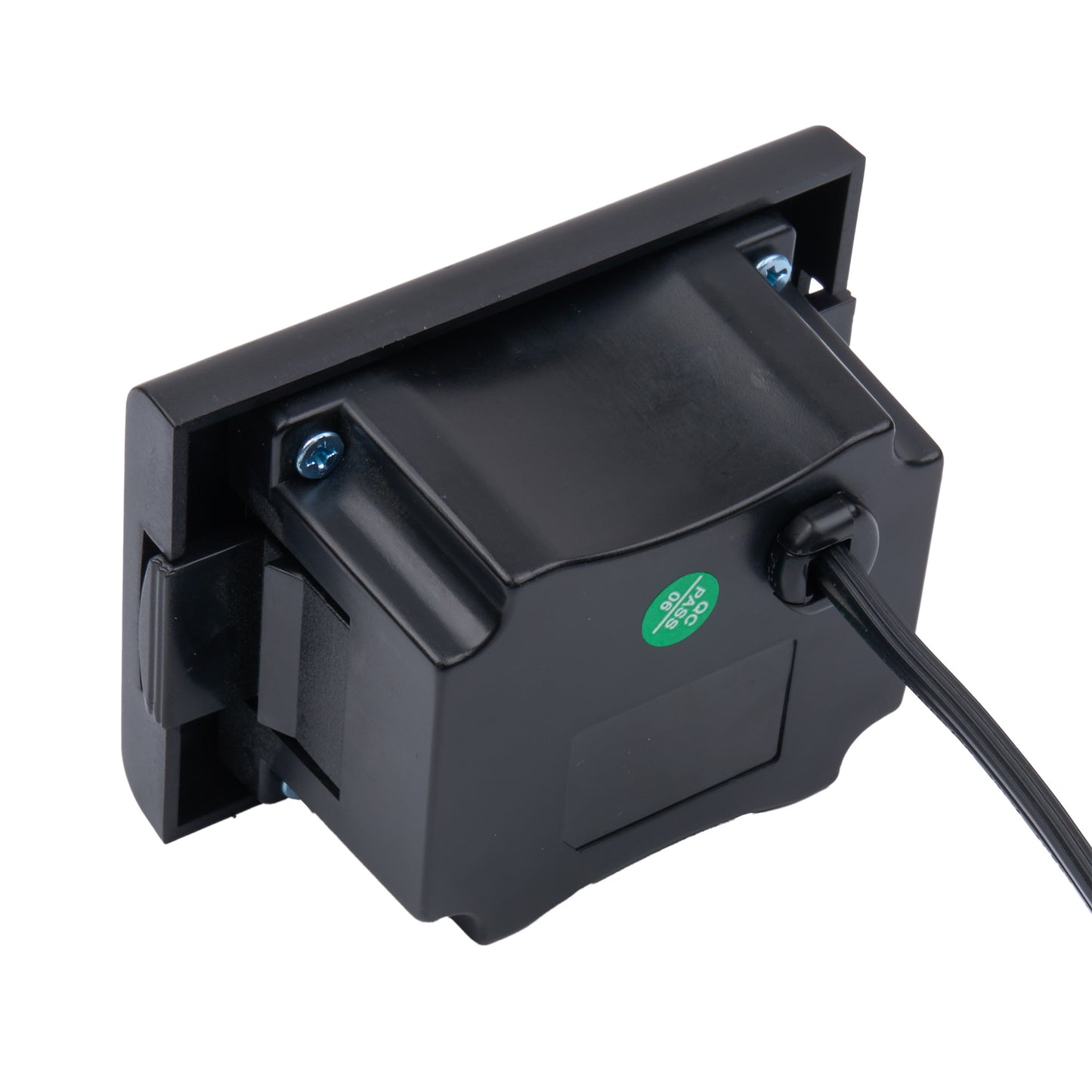 Black electronic device with a cable on a white background