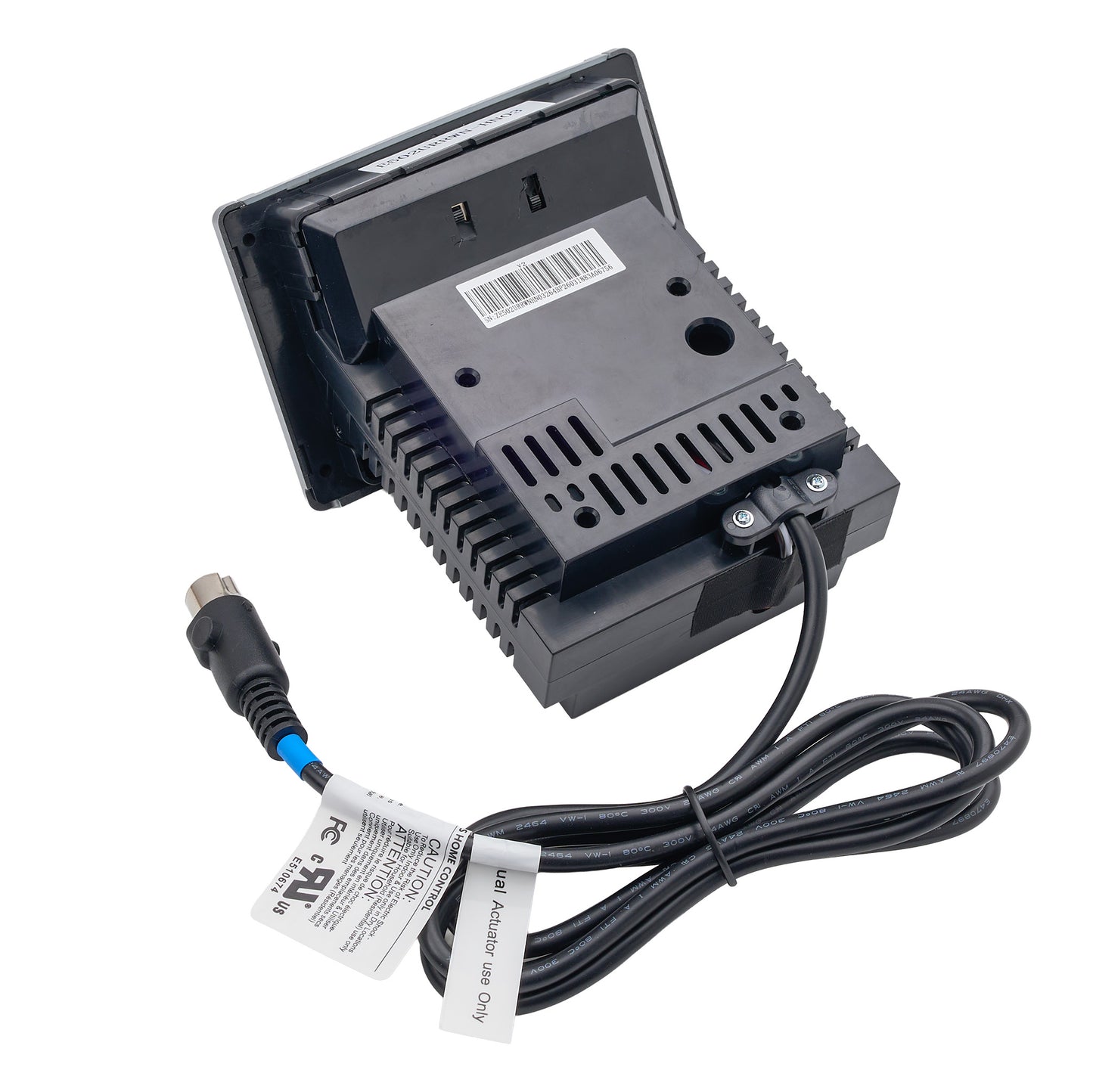 Black electronic device with a power cable on a white background