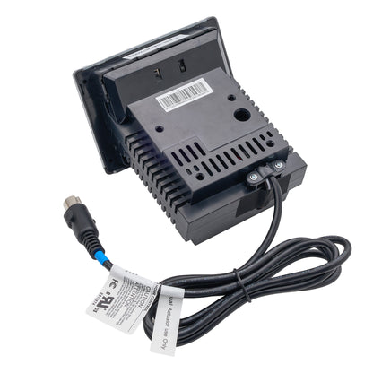 Black electronic device with a power cable on a white background