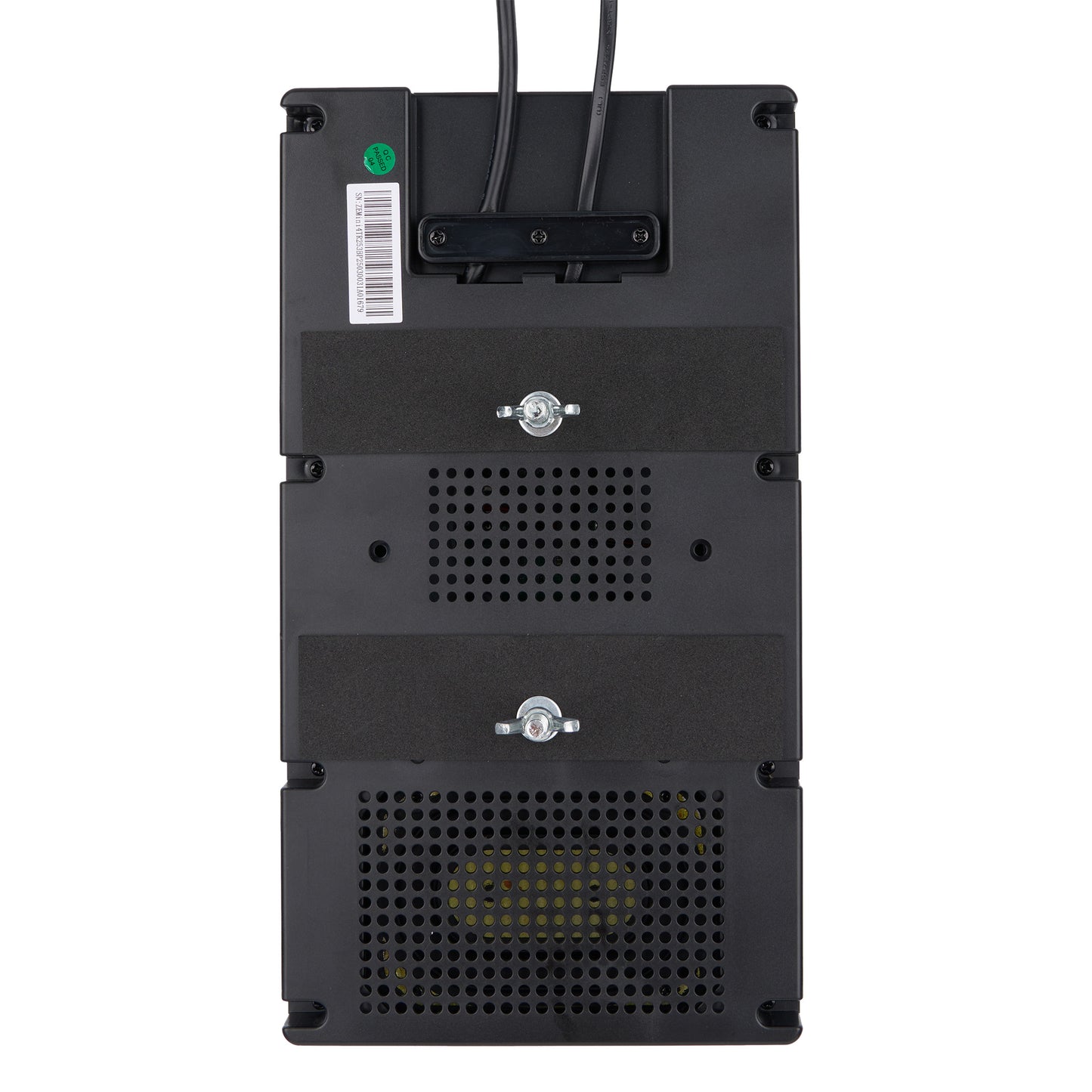 The back view of a black metal electrical or industrial device, featuring ventilation grilles, mounting screws, a barcode label, and two black cables entering from the top, set against a plain white background.