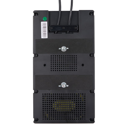 The back view of a black metal electrical or industrial device, featuring ventilation grilles, mounting screws, a barcode label, and two black cables entering from the top, set against a plain white background.