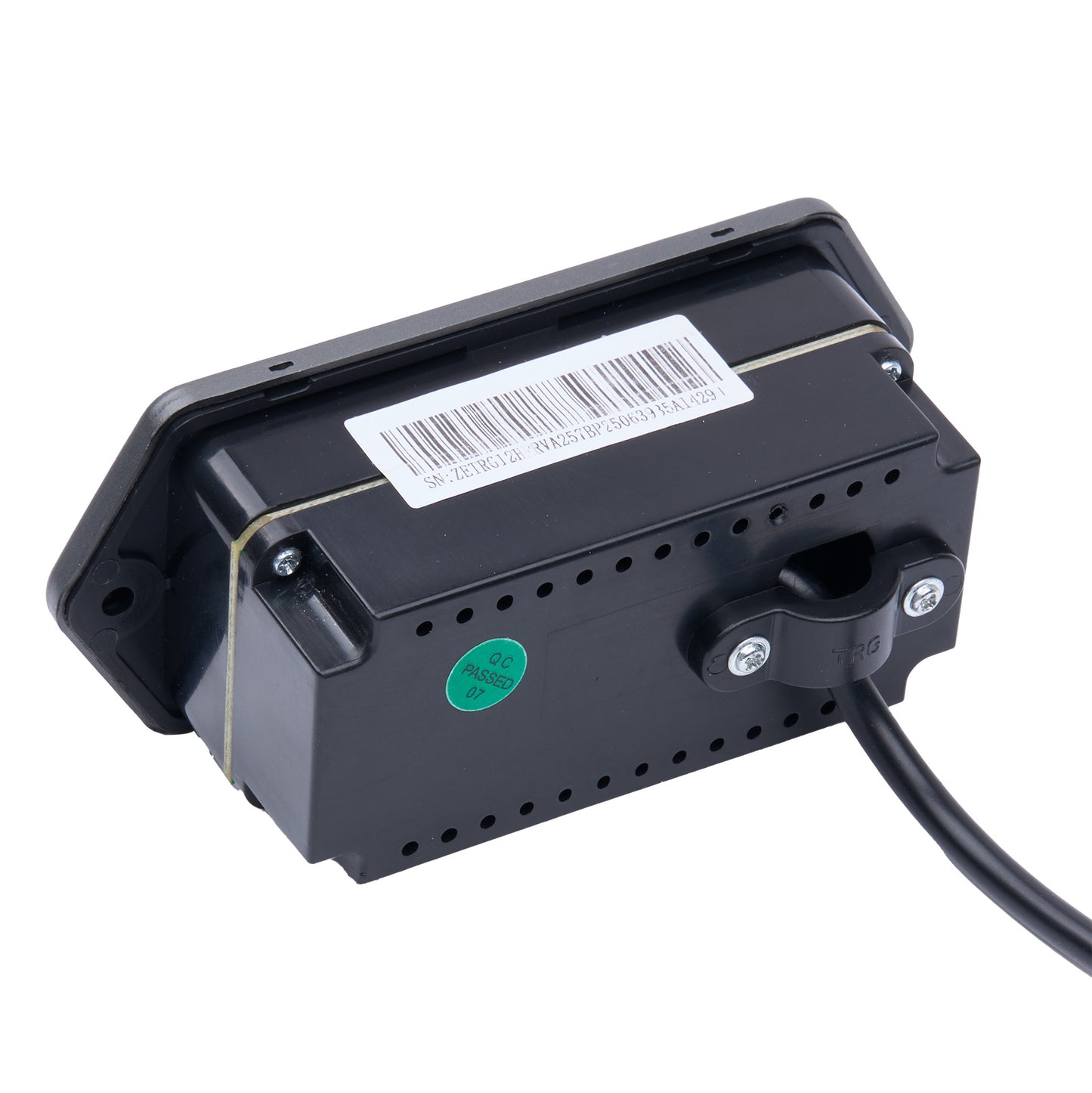 A black electronic control module with a barcode label and a green sticker, shown on a white background with a black cable extending from the side.