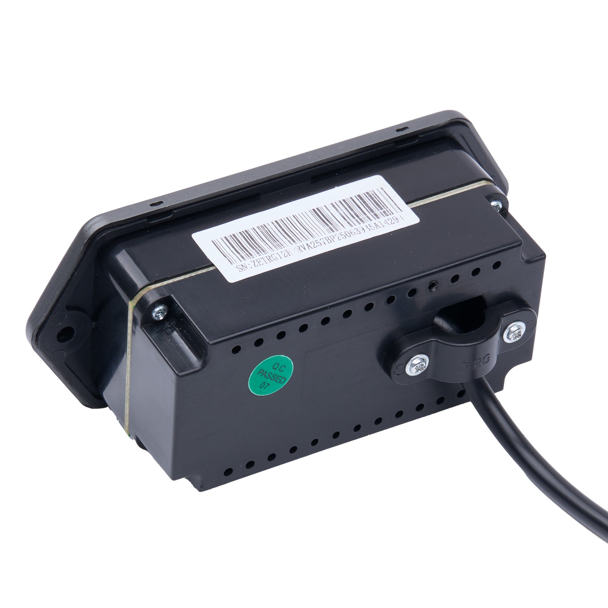 A black electronic control module with a barcode label and a green sticker, shown on a white background with a black cable extending from the side.