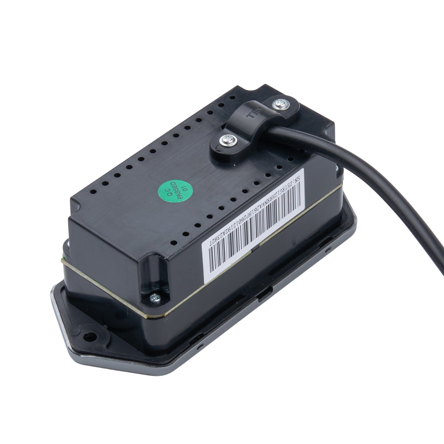 A black electronic control module with a barcode label and a green sticker, shown on a white background with a black cable attached.
