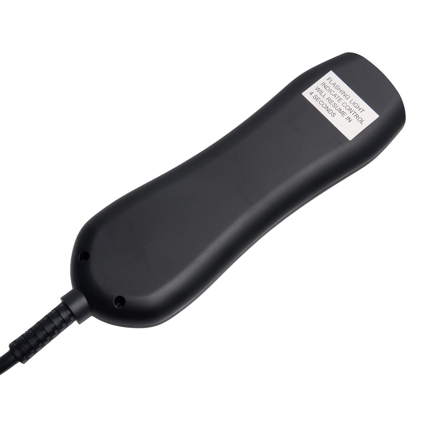 Black electronic device with a label on a white background