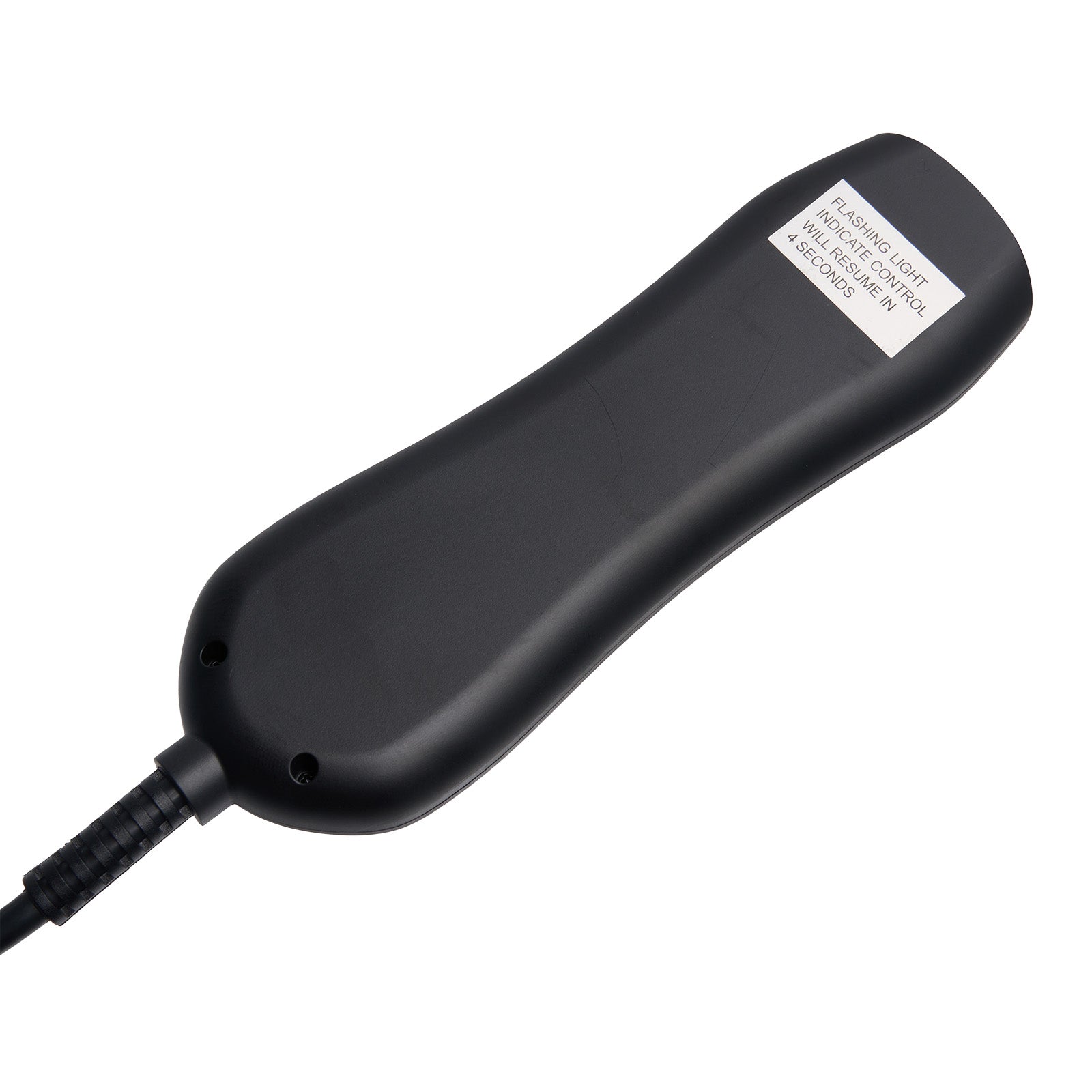 Black electronic device with a label on a white background