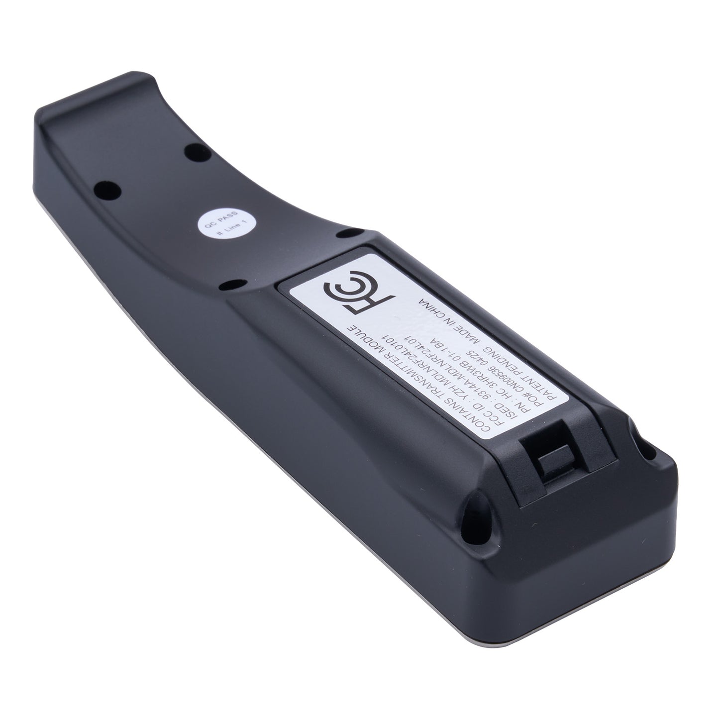 Black electronic device with text and symbols on a white background