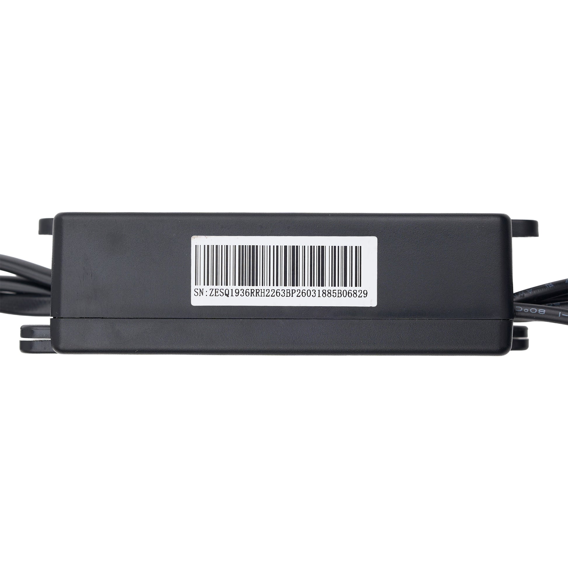 A black rectangular electronic power supply or adapter with a white barcode label on the top surface, shown against a plain white background.