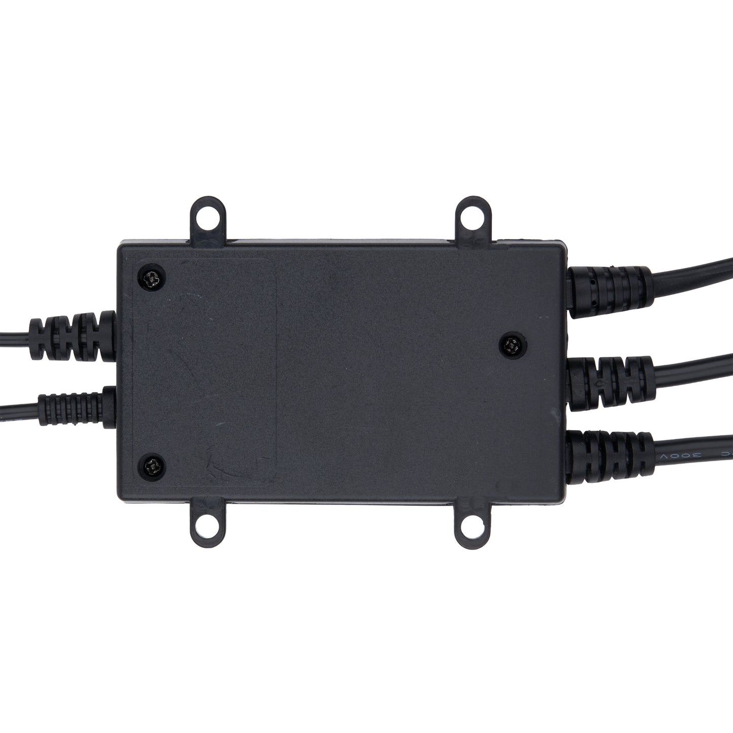 A black plastic electrical junction box with mounting holes on all sides, featuring black cables connected at each end with ribbed cable glands, shown against a plain white background.