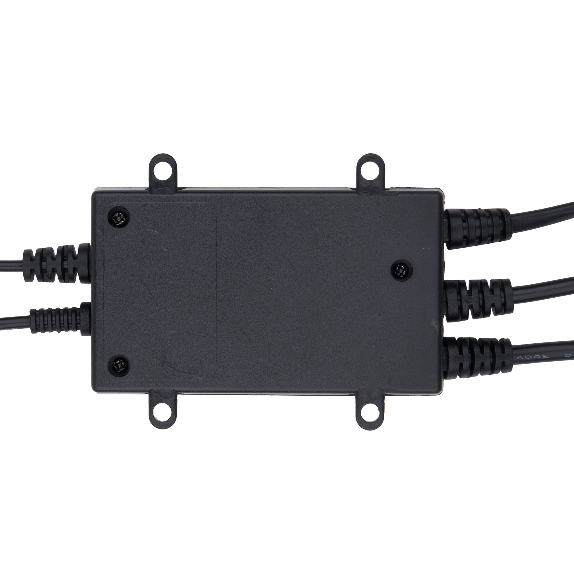 A black plastic electrical junction box with mounting holes on all sides, featuring black cables connected at each end with ribbed cable glands, shown against a plain white background.