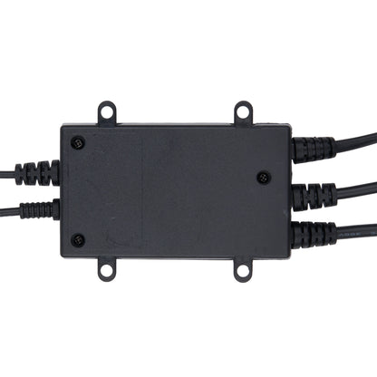 A black plastic electrical junction box with mounting holes on all sides, featuring black cables connected at each end with ribbed cable glands, shown against a plain white background.