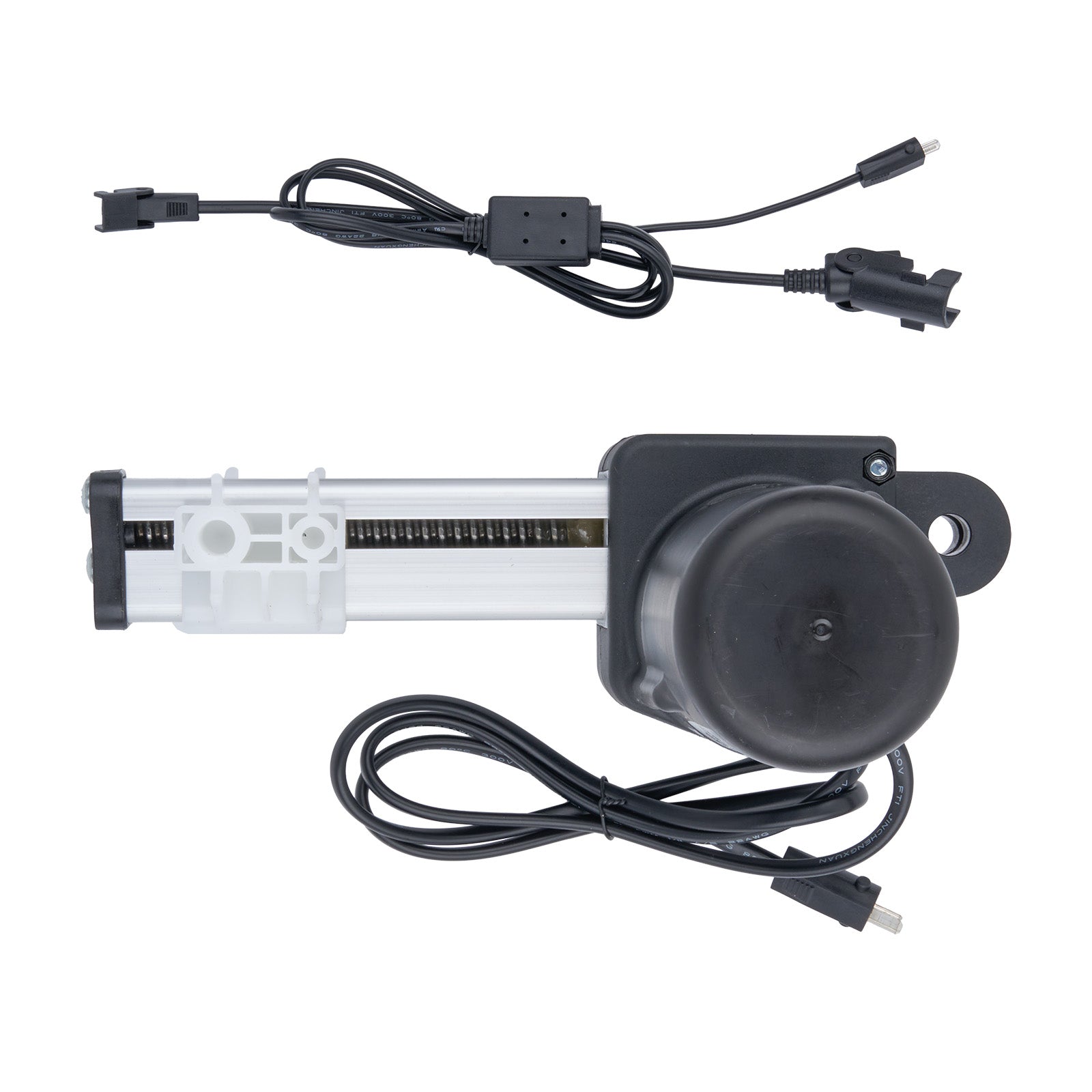 Mechanical component with a black speaker and wiring on a white background