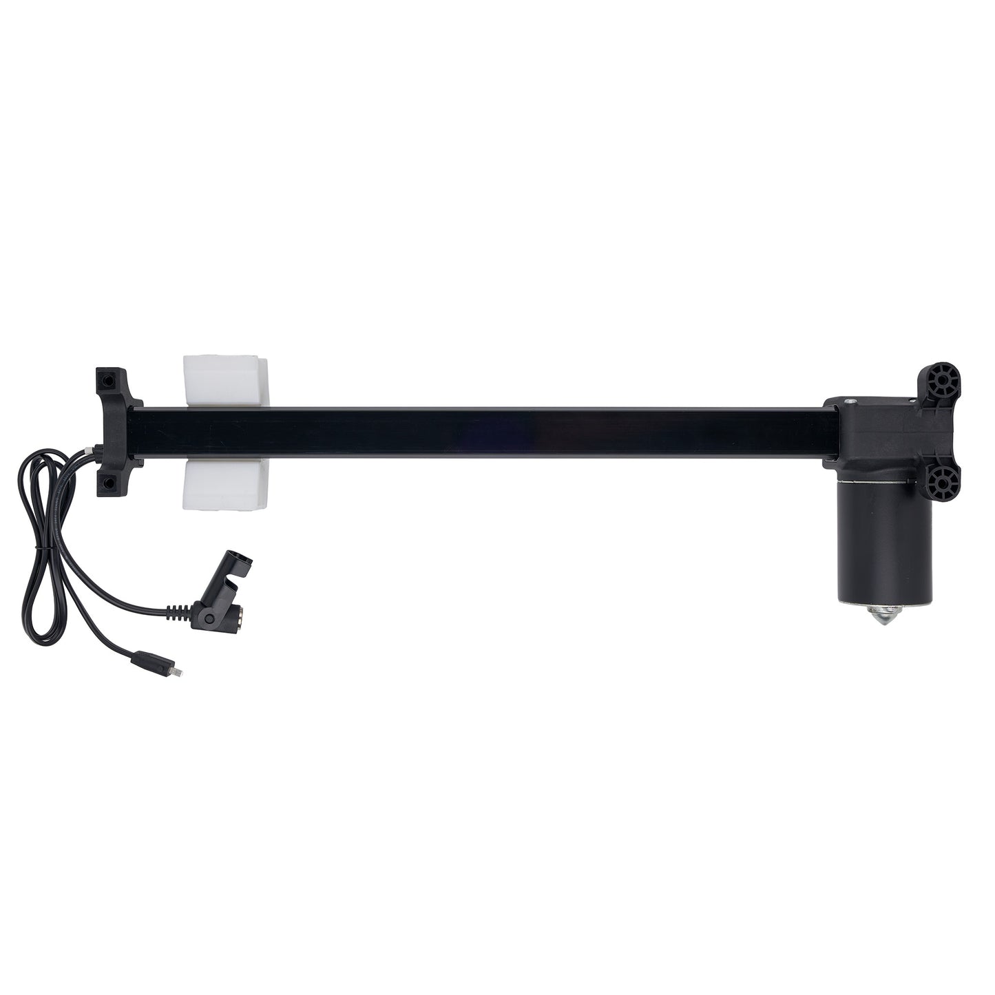 Black linear actuator motor with a long horizontal arm, a vertical motor housing, a mounting bracket, and an attached power cable on a white background.