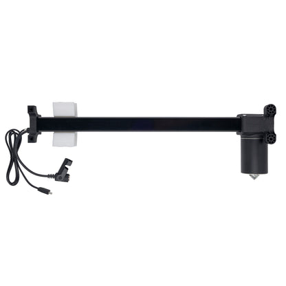 Black linear actuator motor with a long horizontal arm, a vertical motor housing, a mounting bracket, and an attached power cable on a white background.