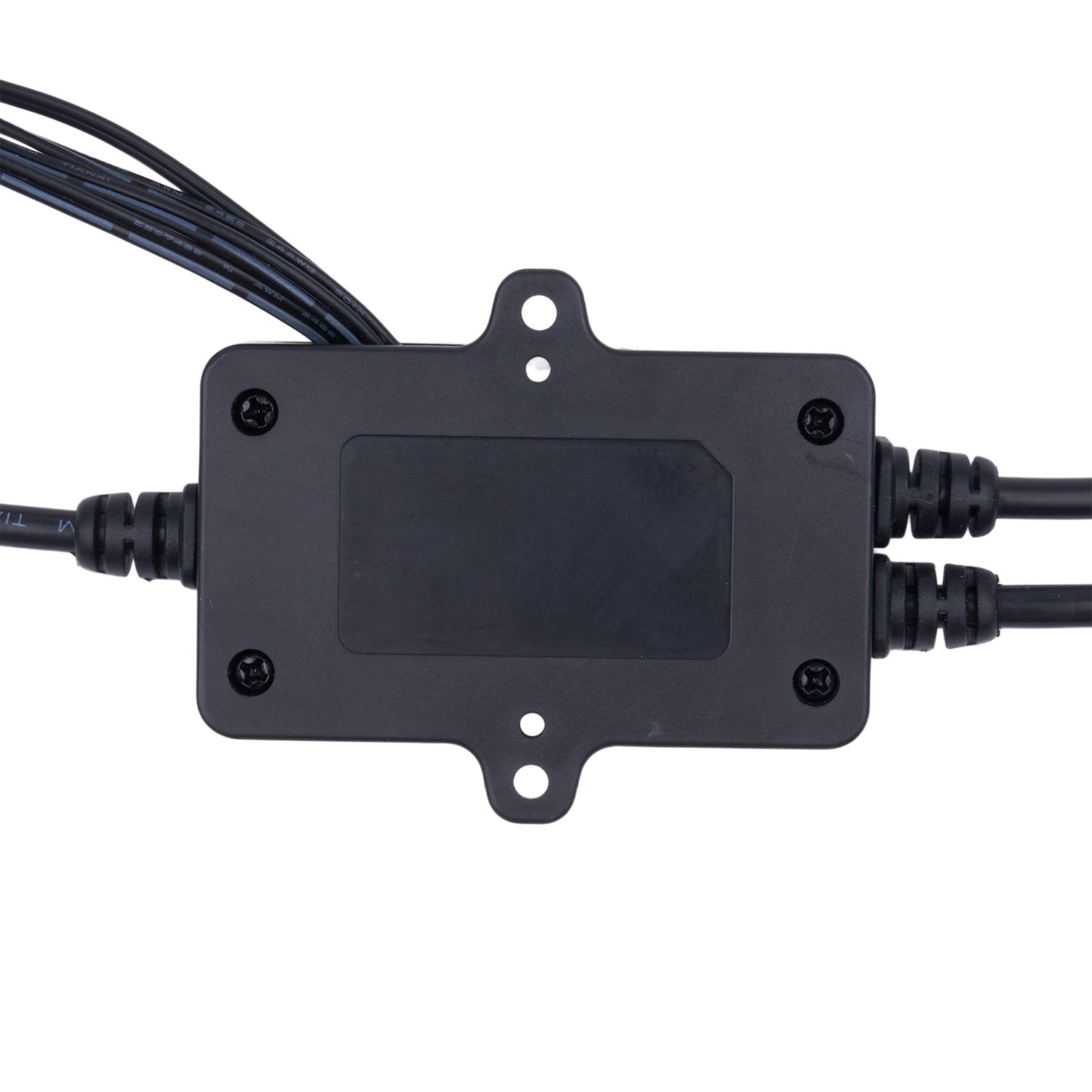 A black metal electrical junction box with mounting holes, screw terminals, and attached black cables on a plain white background.