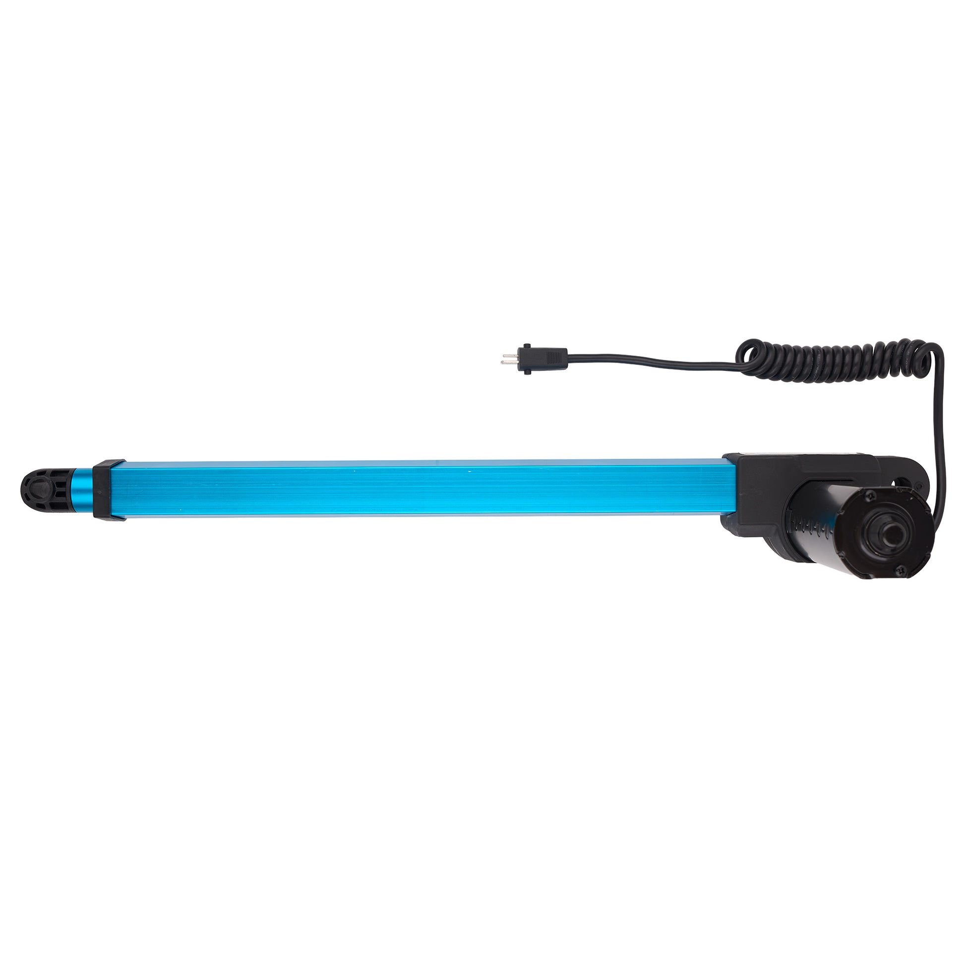 Blue and black cylindrical device with coiled cable on a white background