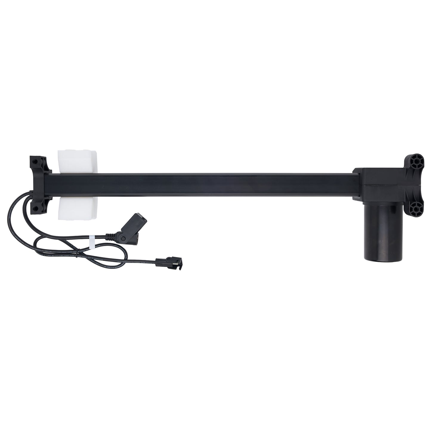 A black automatic sliding door opener motor assembly with a long horizontal arm, a vertical mounting post, a white rectangular receiver, and an attached power cable with connector on a white background.