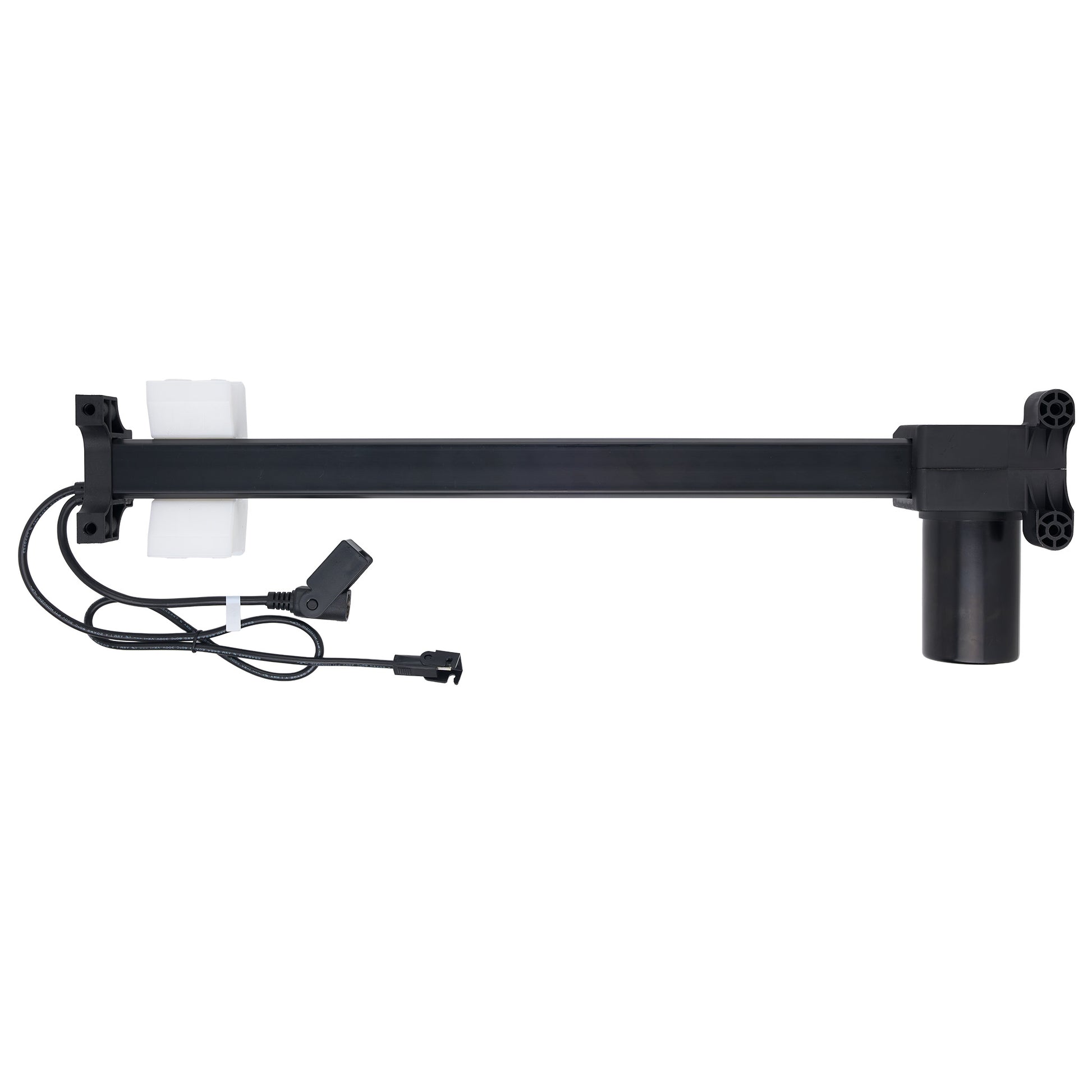 A black automatic sliding door opener motor assembly with a long horizontal arm, a vertical mounting post, a white rectangular receiver, and an attached power cable with connector on a white background.