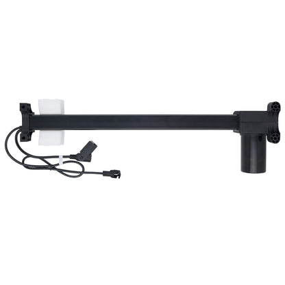 A black automatic sliding door opener motor assembly with a long horizontal arm, a vertical mounting post, a white rectangular receiver, and an attached power cable with connector on a white background.