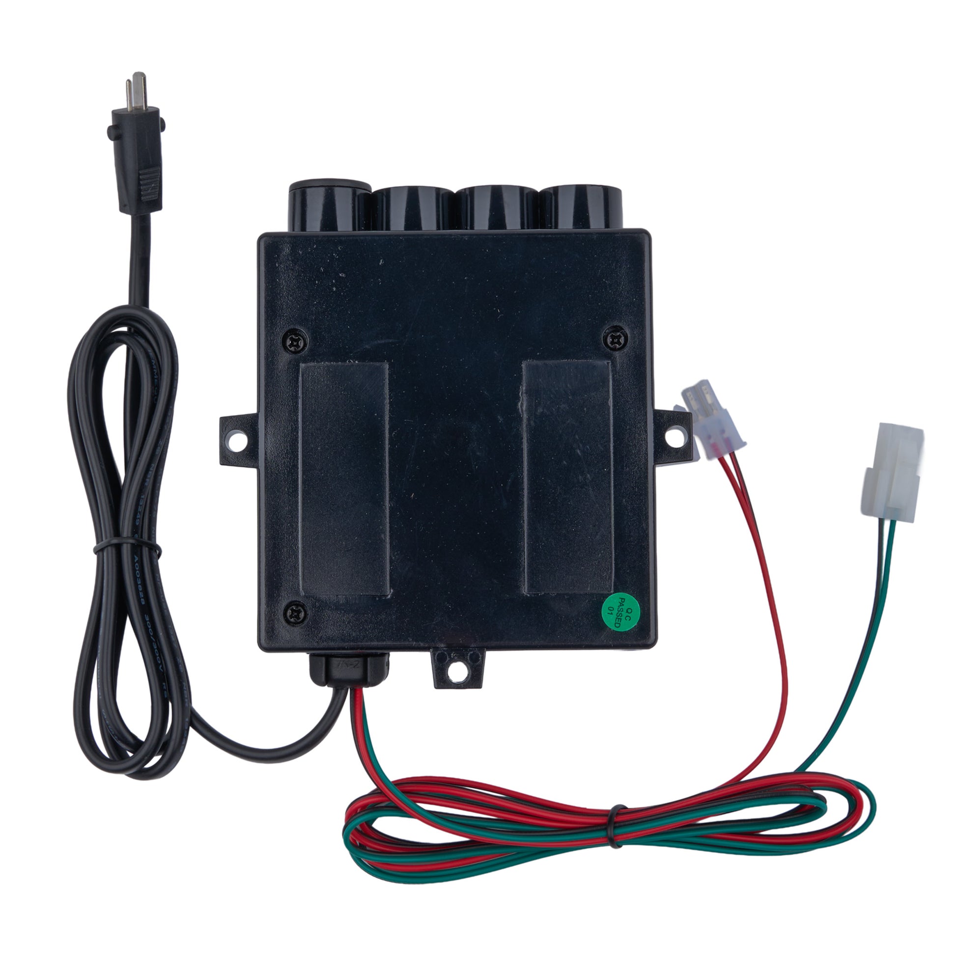 An electric linear actuator motor with a black cylindrical body, a black mounting bracket, a white plastic connector, and a long silver metal rod, shown with its attached black coiled cable and connector on a white background.